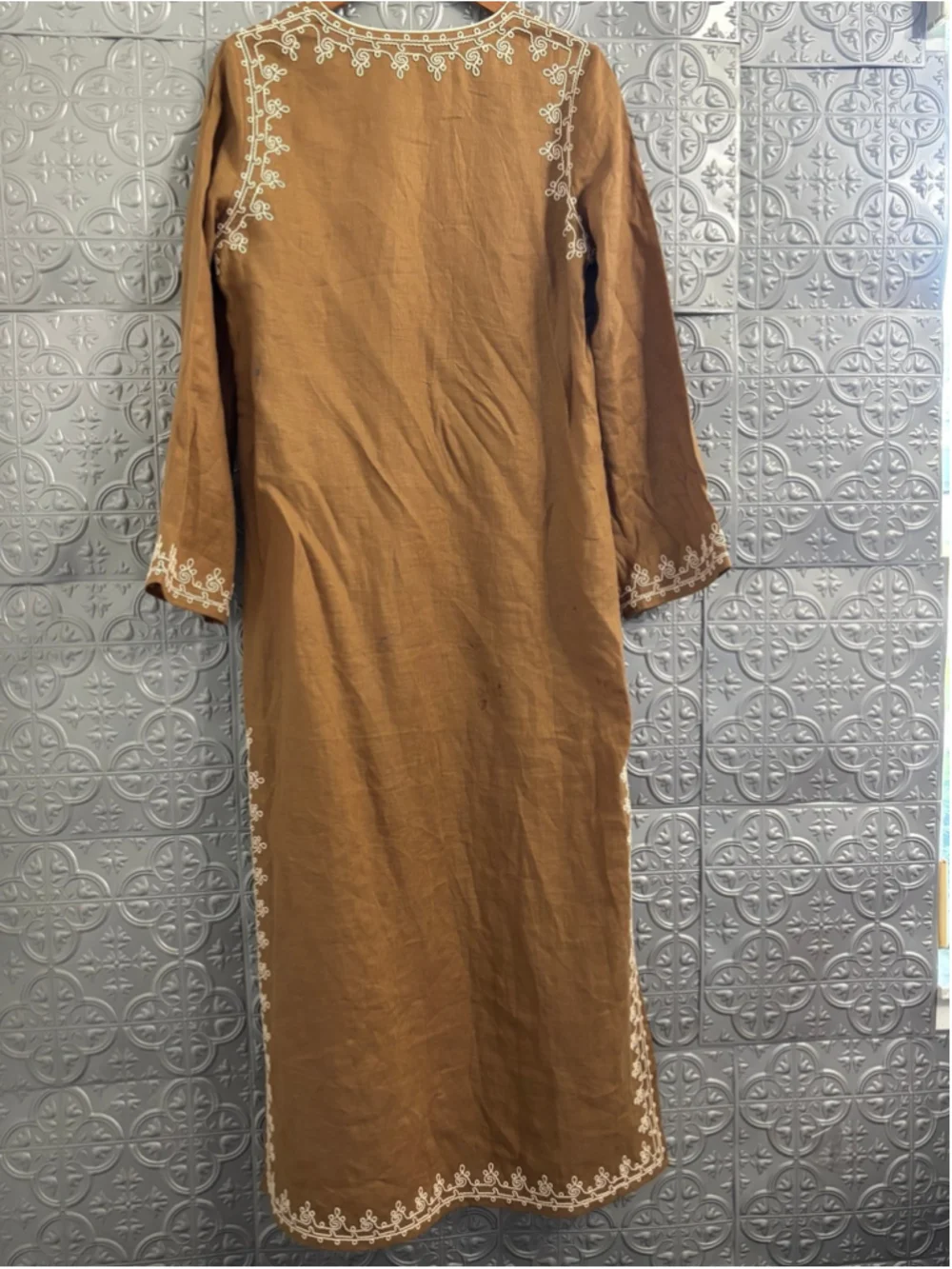 Tory Burch Maxi Dress Embroidered Linen Long Dark Tan Beige Kaftan Designer